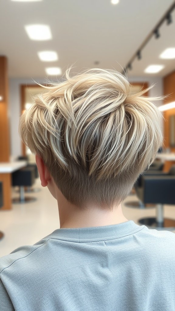 Back view of a shaggy pixie haircut with a mini mohawk, showcasing textured layers and volume.