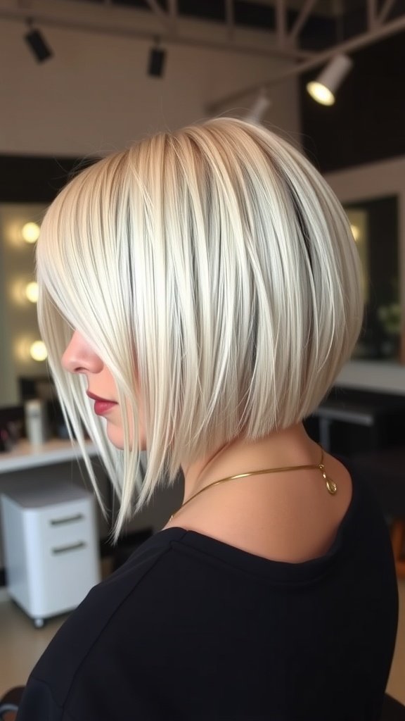 A woman with a sharp-angled lob haircut featuring platinum highlights, showcasing a modern and stylish look.