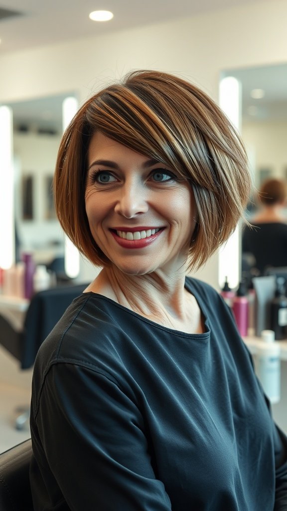 A woman with a short bob hairstyle featuring a zig-zag part, smiling in a salon setting.
