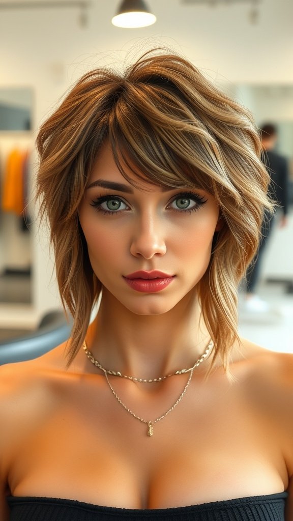 A woman with a short choppy haircut and long bangs, showcasing a stylish look.