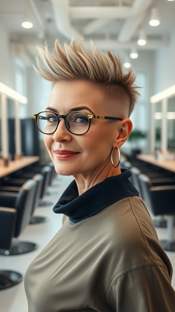 A woman with a short spiky faux hawk hairstyle, wearing glasses and a stylish outfit, smiling in a salon setting.