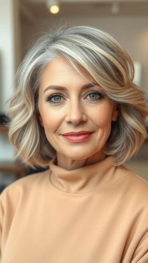 A woman with a short wavy bob hairstyle, showcasing elegance and style.