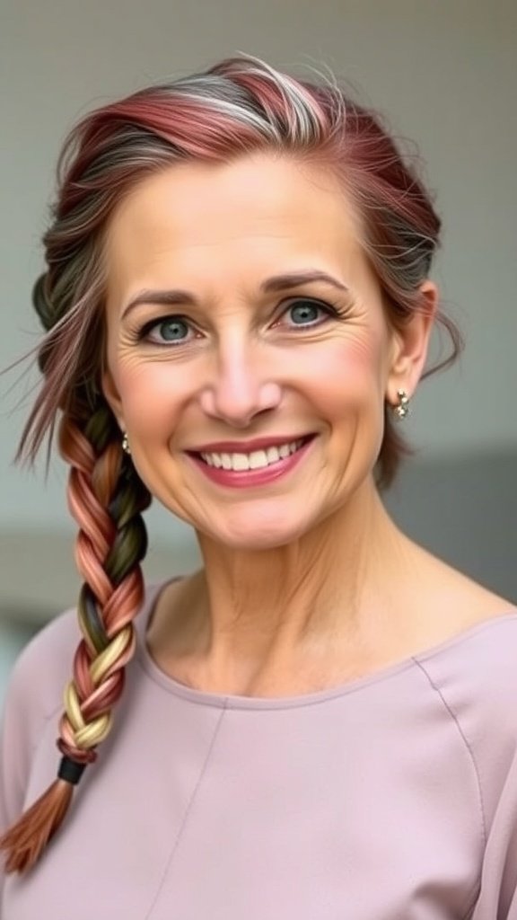 A woman with a side-braided crown hairstyle, showcasing vibrant hair colors and a bright smile.