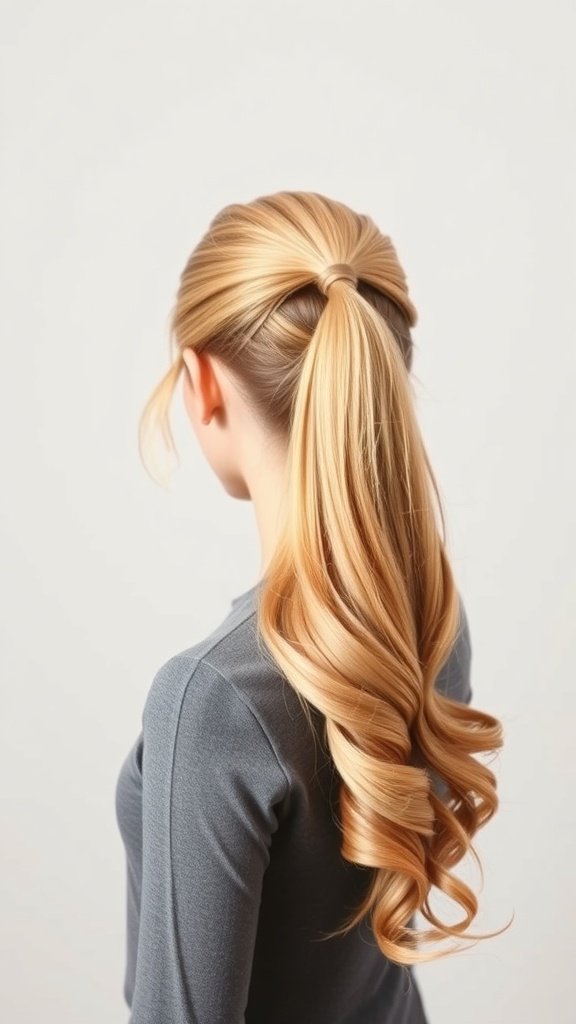 Sleek blonde ponytail with golden brown lowlights, showcasing curls and a polished finish.