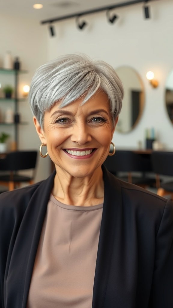 A woman with a sleek silver pixie haircut and side-swept fringe, smiling confidently.