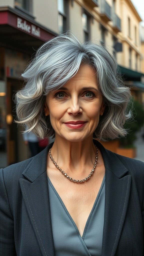 A woman with a softly layered bob hairstyle featuring delicate curls, showcasing gray hair and wearing a stylish outfit.