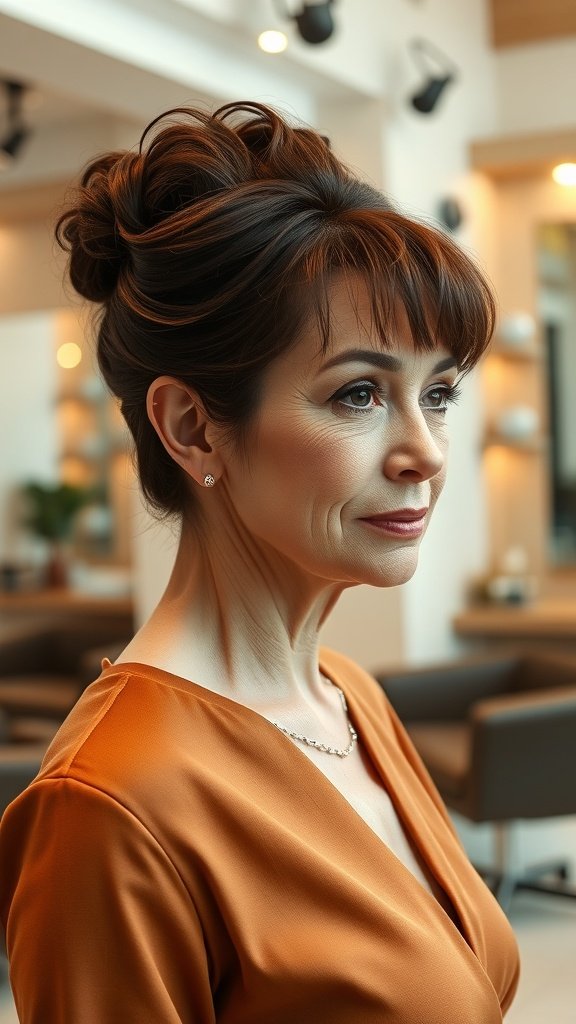 A woman with a sophisticated updo hairstyle featuring a side-swept fringe, wearing an orange blouse and a delicate necklace.
