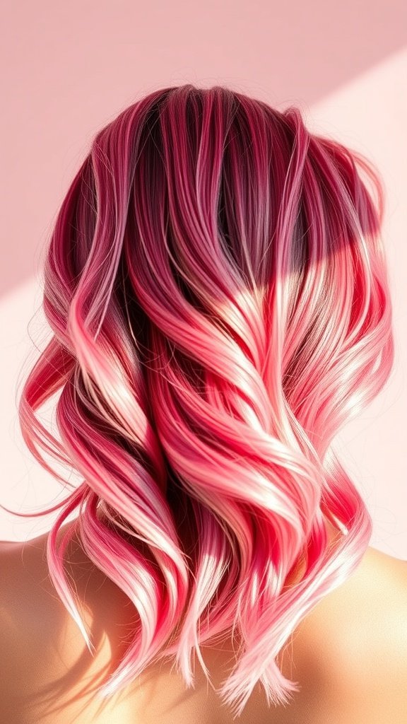 A hairstyle featuring sun-kissed pink highlights, showcasing soft pink tones blended with lighter shades.