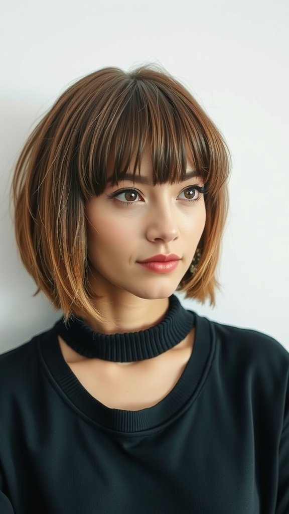 A woman with a textured bob hairstyle and baby bangs, wearing a black sweater.