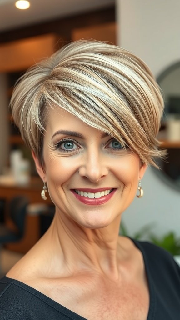 A woman with a textured pixie haircut and side part, smiling confidently.