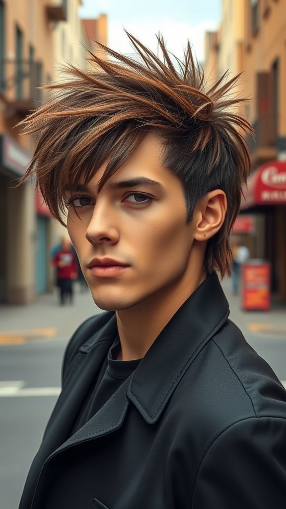 A stylish young man showcasing a textured shaggy mullet with faded sides, standing in a city street.