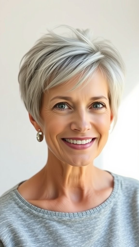 A woman with a tousled pixie hairstyle, smiling and wearing a gray top.
