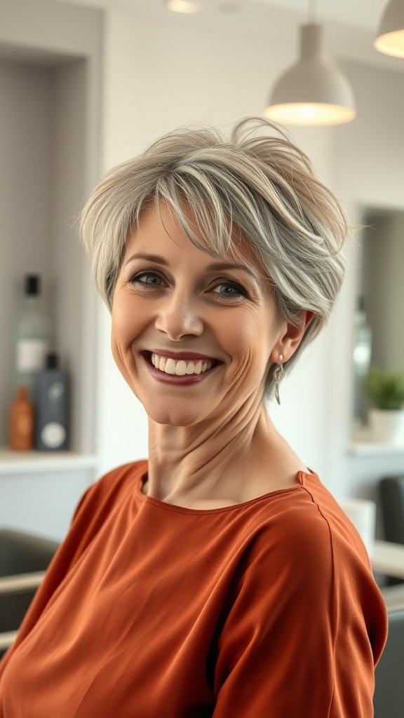 A woman with a tousled short hairstyle and middle part, smiling in a salon.