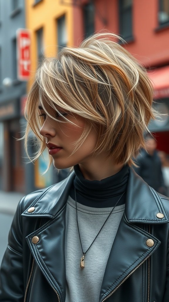 A woman with an unstructured shag hairstyle featuring random layers, wearing a leather jacket and a cozy sweater.