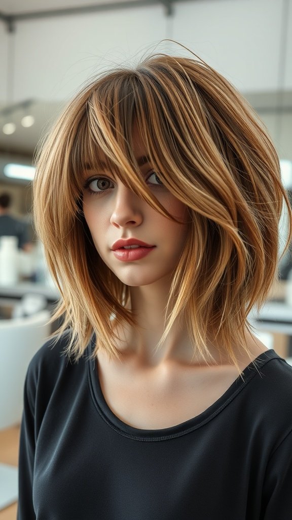 A woman with a voluminous shaggy bob hairstyle and bangs, showcasing layers and texture.