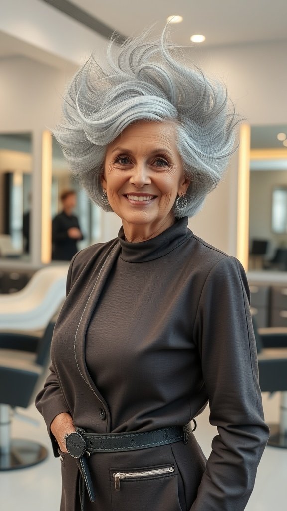 A woman over 70 with a voluminous silver feathered hairstyle, smiling confidently in a modern salon.