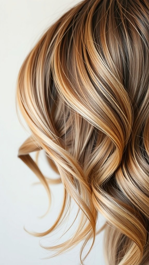 Close-up of light brown hair with warm taupe highlights styled in soft curls.