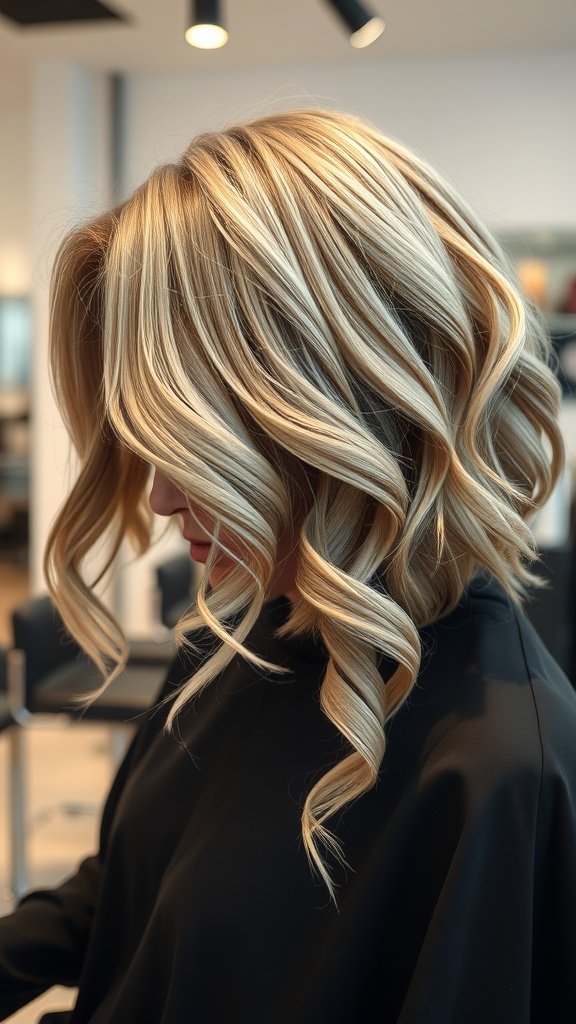 A woman with a waterfall curls bob hairstyle, showcasing soft, cascading curls in a light blonde color.