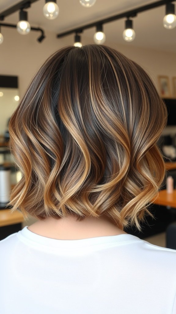 A stylish Wavy A-Line Bob hairstyle with warm tones and soft waves.