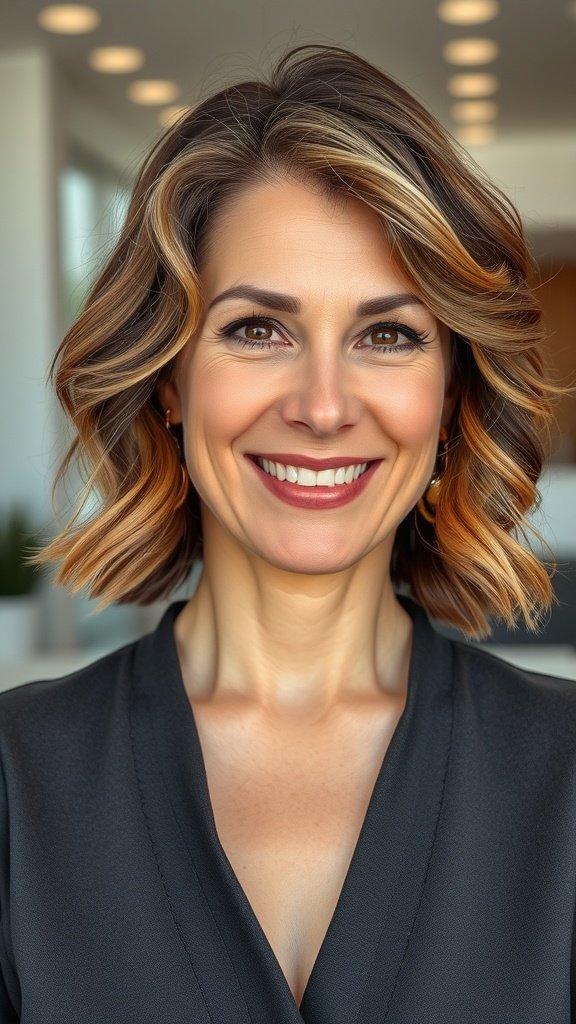 A woman with a wavy bob hairstyle and wispy bangs, smiling confidently.