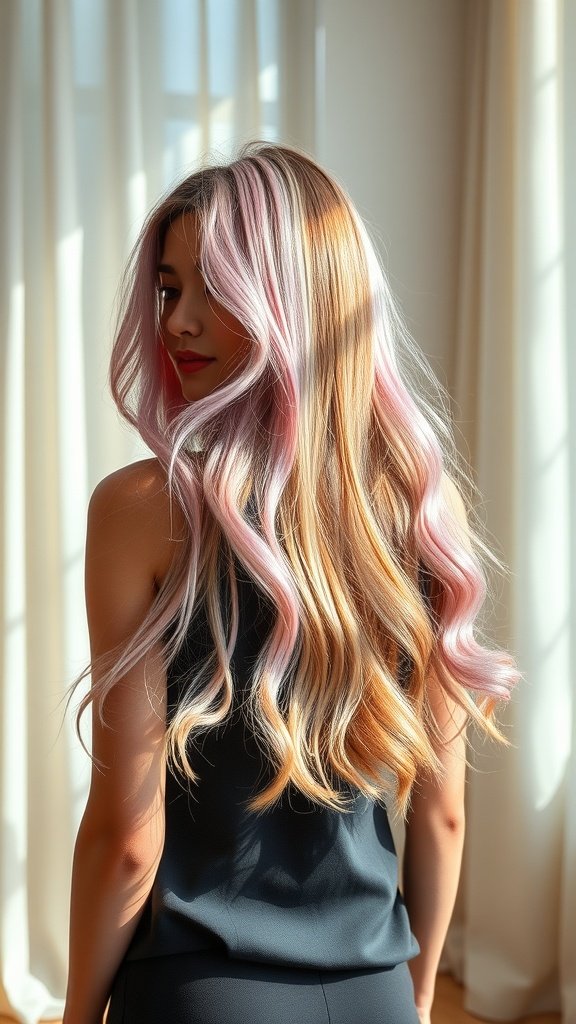A woman with long layered hair featuring pastel highlights, styled in soft waves.