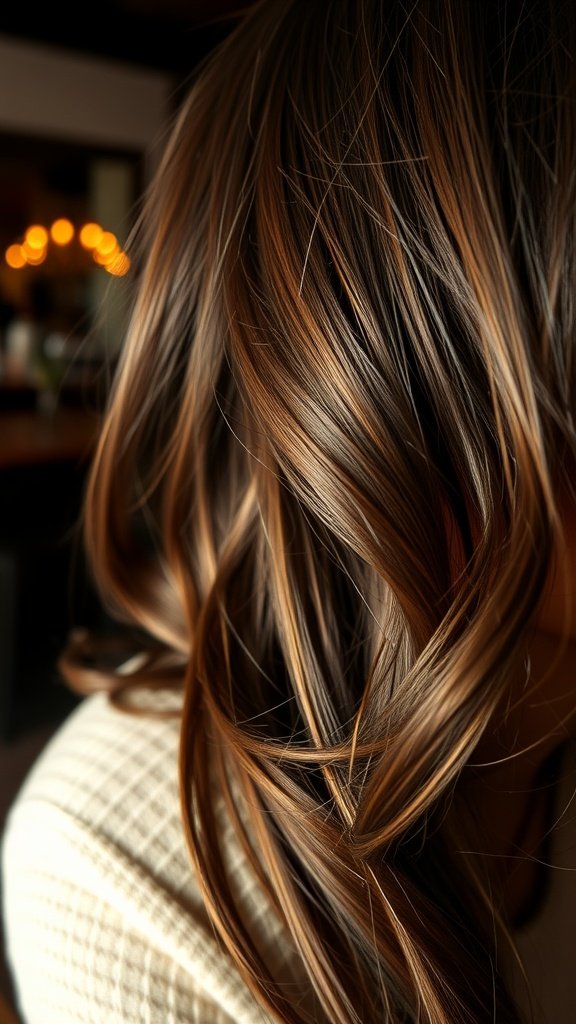 Dark brown hair with cappuccino highlights, showcasing soft waves and a warm color blend.