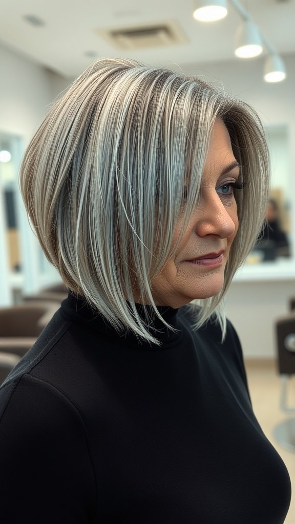 A woman with an angled bob hairstyle featuring natural gray hair and soft highlights, looking stylish and confident.