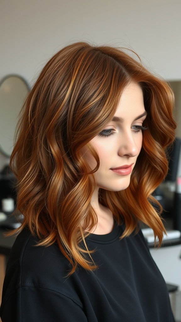 A woman with auburn hair styled in soft waves, showcasing a rich color and texture.