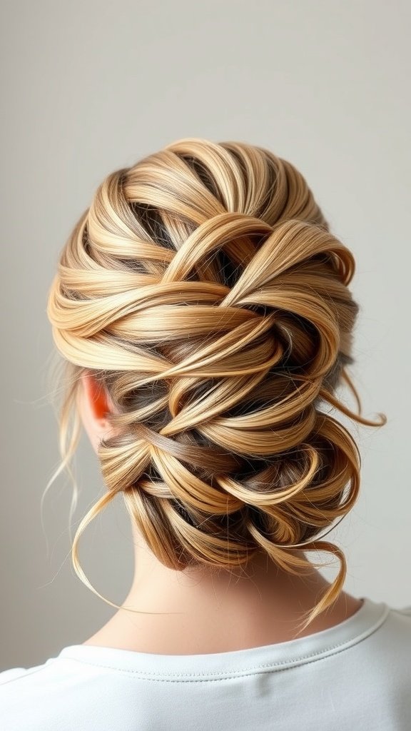A beautiful blonde updo hairstyle with dark chocolate lowlights, showcasing intricate twists and curls.