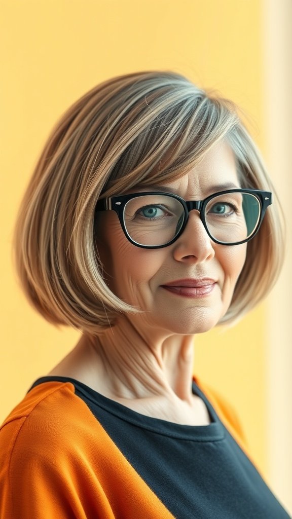 A woman over 70 with a bob hairstyle featuring soft flipped ends, wearing stylish glasses.