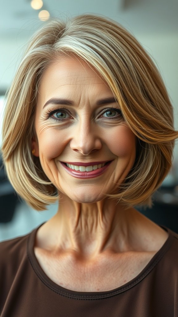 A woman with a bob haircut featuring soft waves and highlights, smiling confidently.