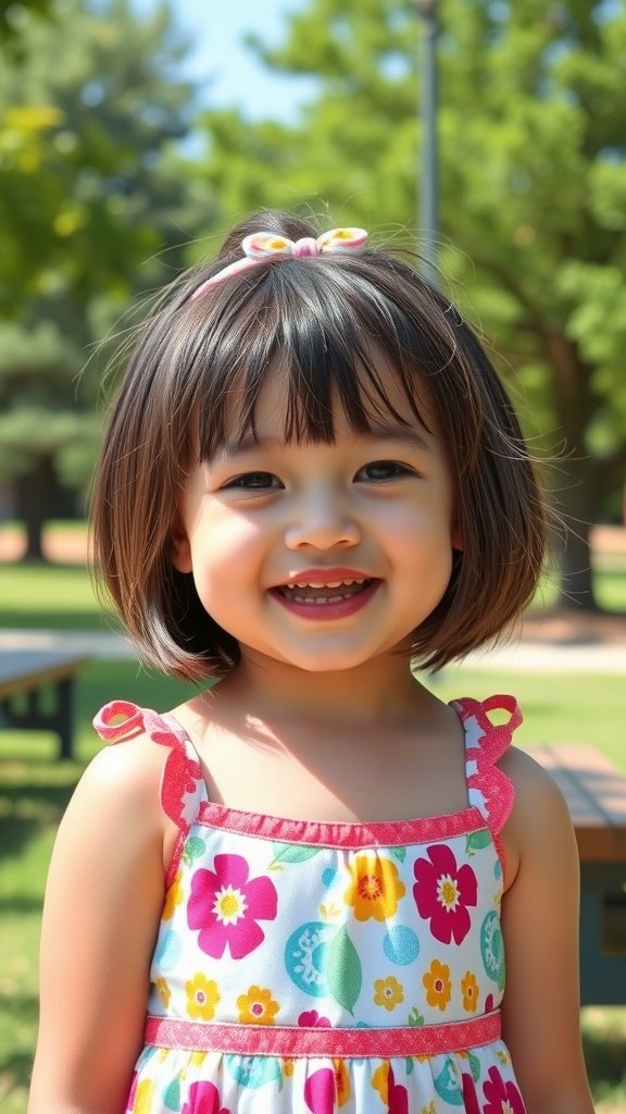 A little girl with a bob hairstyle featuring wispy ends, smiling in a colorful dress.