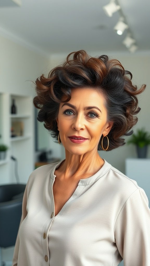 A woman with a bold curly pompadour hairstyle, showcasing voluminous curls and a confident expression.