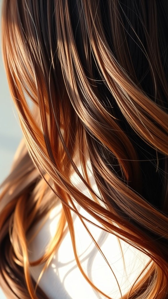 Dark brown hair with caramel highlights flowing in soft waves