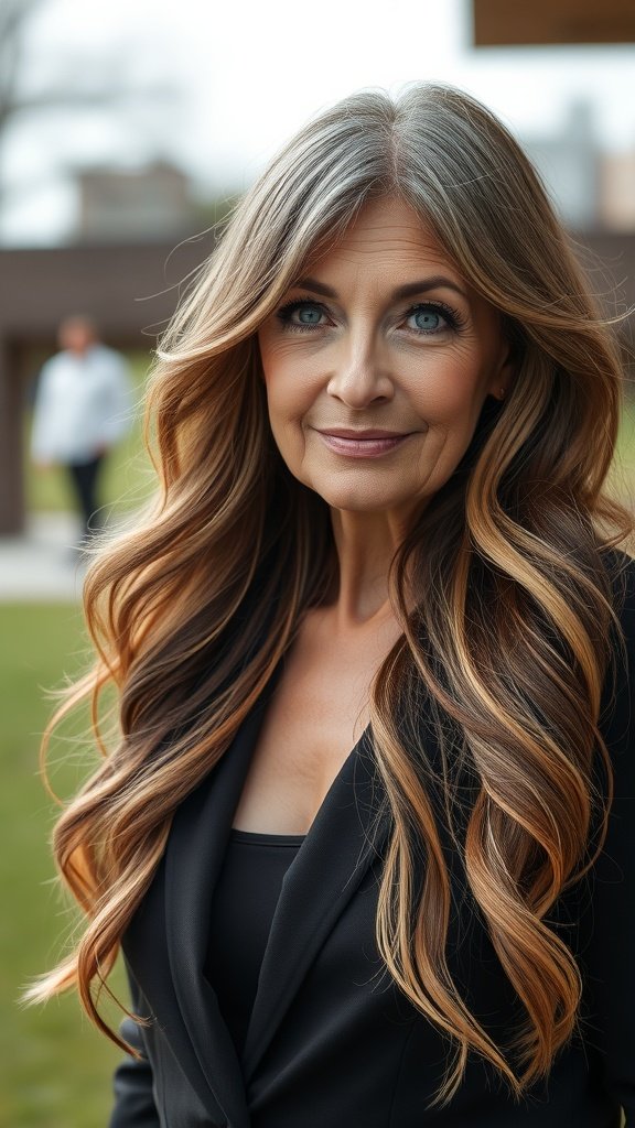 A woman with long, wavy hair styled in choppy layers, wearing a black blazer, smiling confidently outdoors.