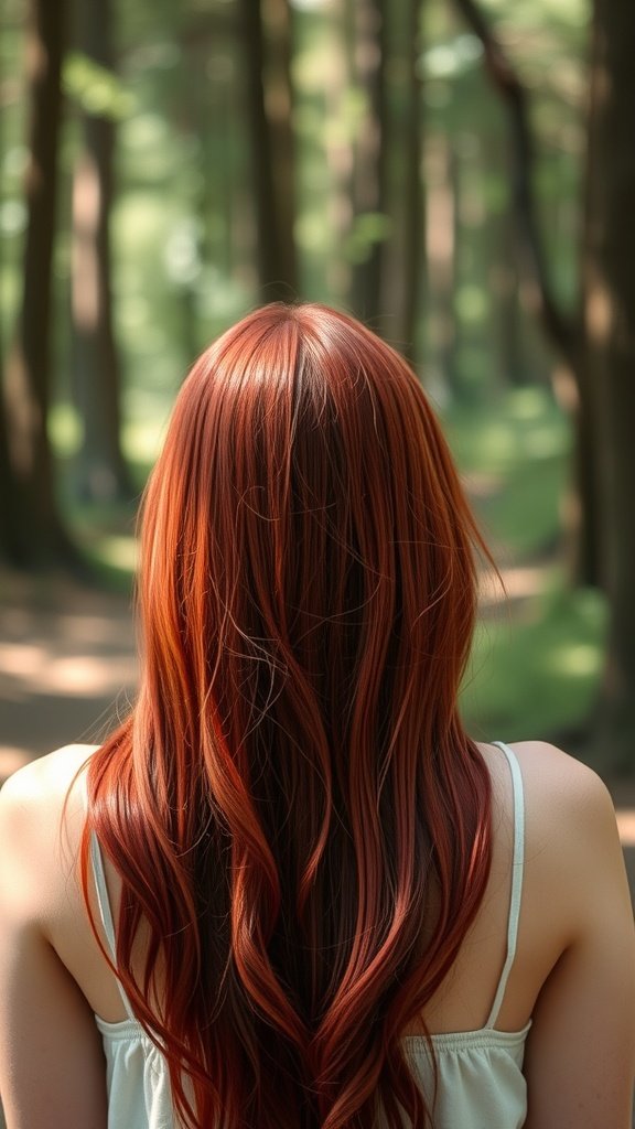 A person with long, wavy cherrywood red hair standing in a lush green forest.