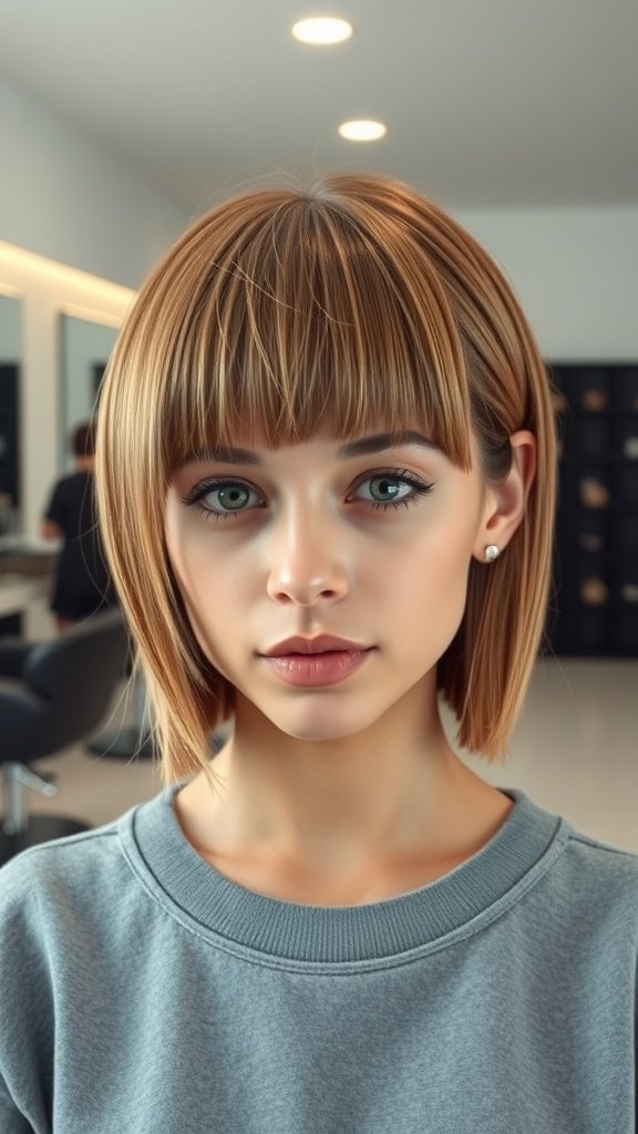 A young woman with a choppy straight bob and razor bangs, showcasing a modern hairstyle.