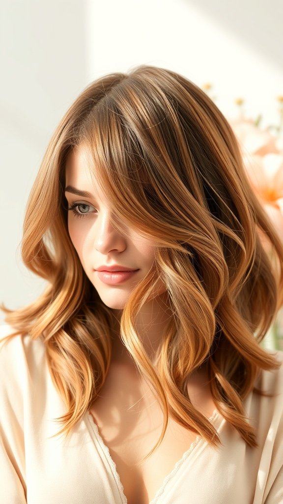 A woman with shoulder-length hair styled in soft waves, featuring warm cinnamon tones.