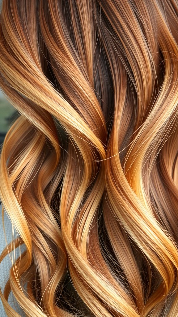 Hair styled in copper brown with golden blonde highlights, featuring soft waves.