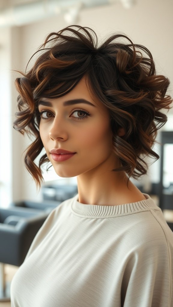 A woman with a curly bob hairstyle featuring angular layers, showcasing a stylish and modern look.
