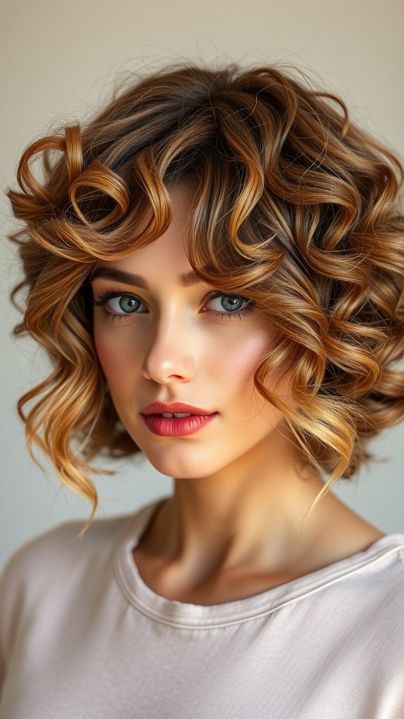 A woman with a curly bob hairstyle featuring caramel highlights, showcasing soft curls and a warm, inviting look.