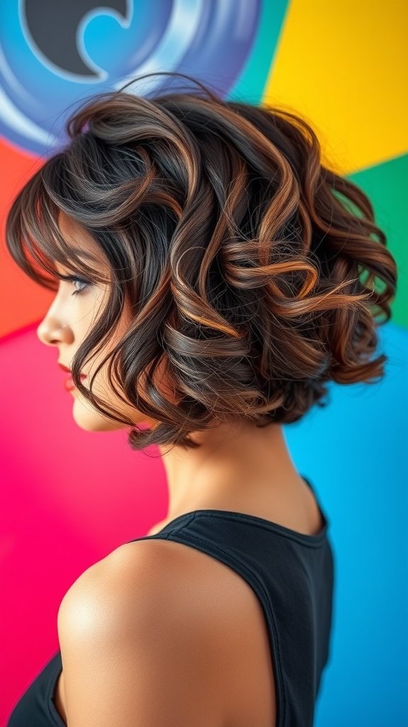 A woman with a curly bob hairstyle featuring twisted bangs, showcasing vibrant curls against a colorful background.