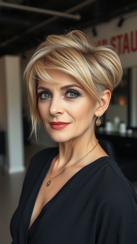 A woman over 50 with fine hair showcasing an edgy undercut with long top layers, styled elegantly.