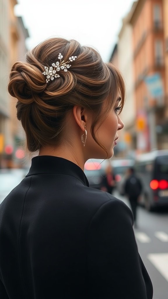 A woman with a pinned-back chin-length hairstyle, featuring elegant waves and a decorative hairpiece, standing in a city street.