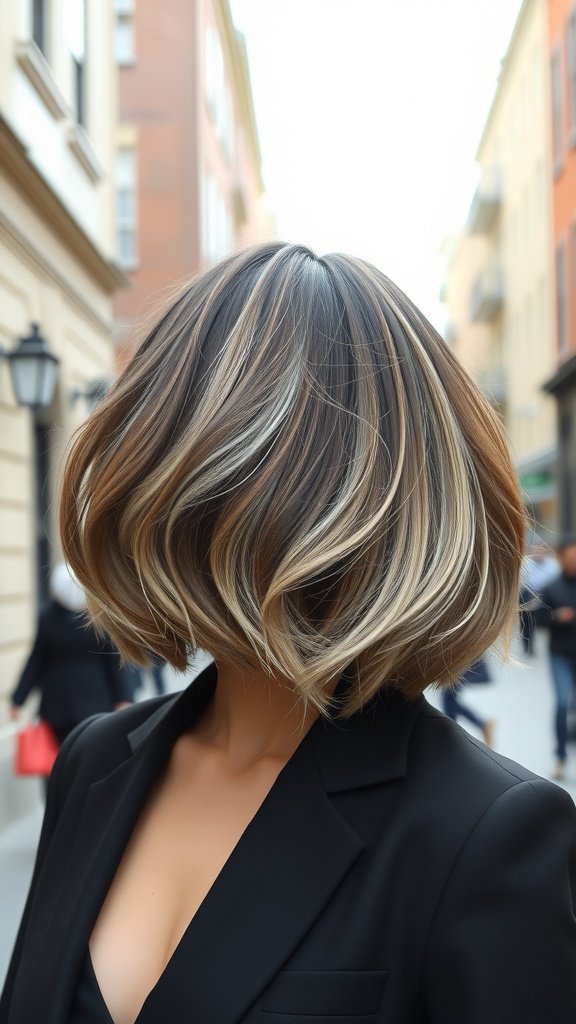 Espresso brown bob haircut with platinum wave highlights