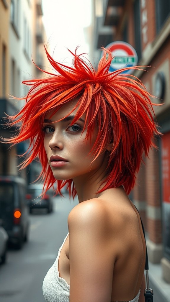 A person with a fiery red shaggy mullet hairstyle, standing in a city street.