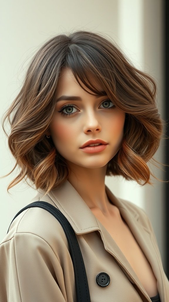 A woman with a French bob hairstyle featuring loose curls, wearing a beige coat.