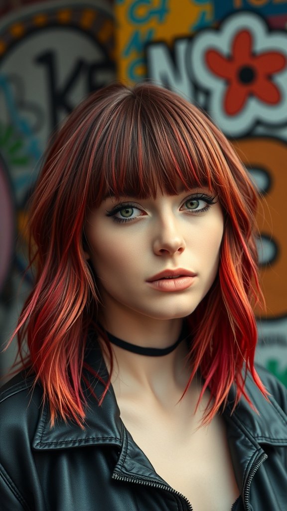 A young woman with a hipster shag haircut featuring thick bangs and vibrant red hair, wearing a leather jacket against a colorful graffiti background.