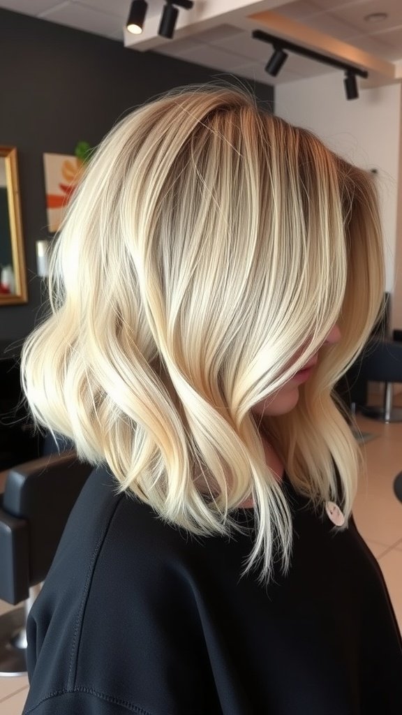 Icy blonde medium length haircut with soft waves and a side part