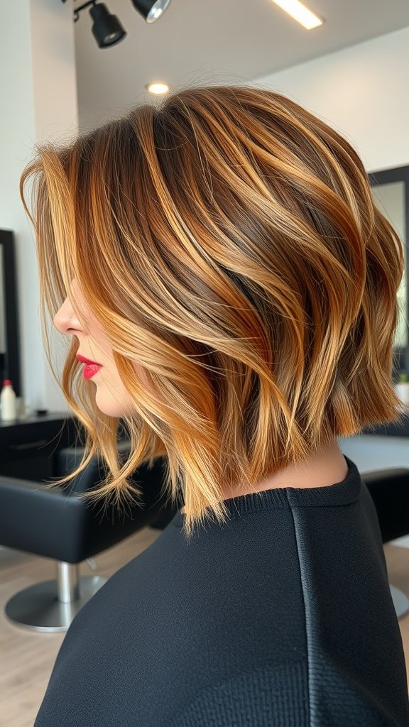 A side view of a woman with an inverted bob hairstyle featuring chunky layers and warm highlights.